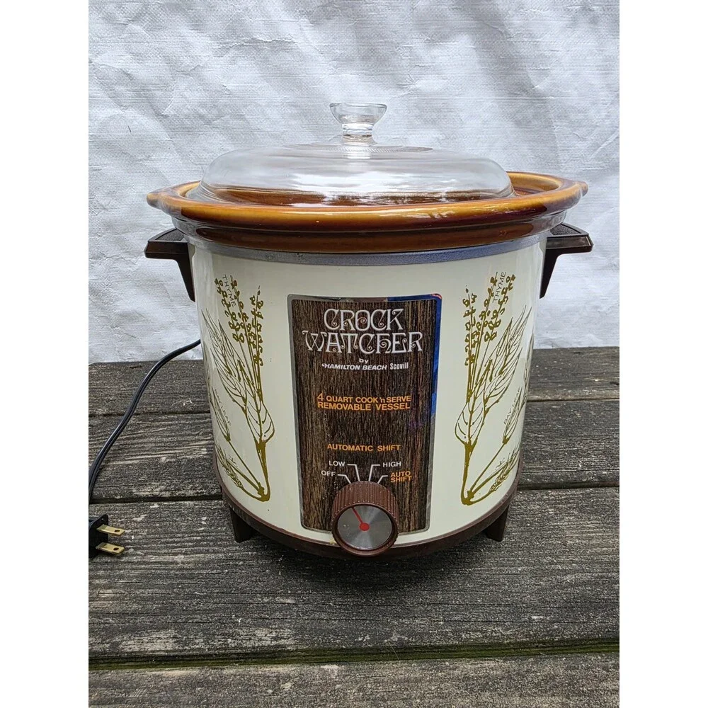 ​Vintage Hamilton Beach Crock Watcher Slow Cooker 4 Quart Wheat Pattern In Box
